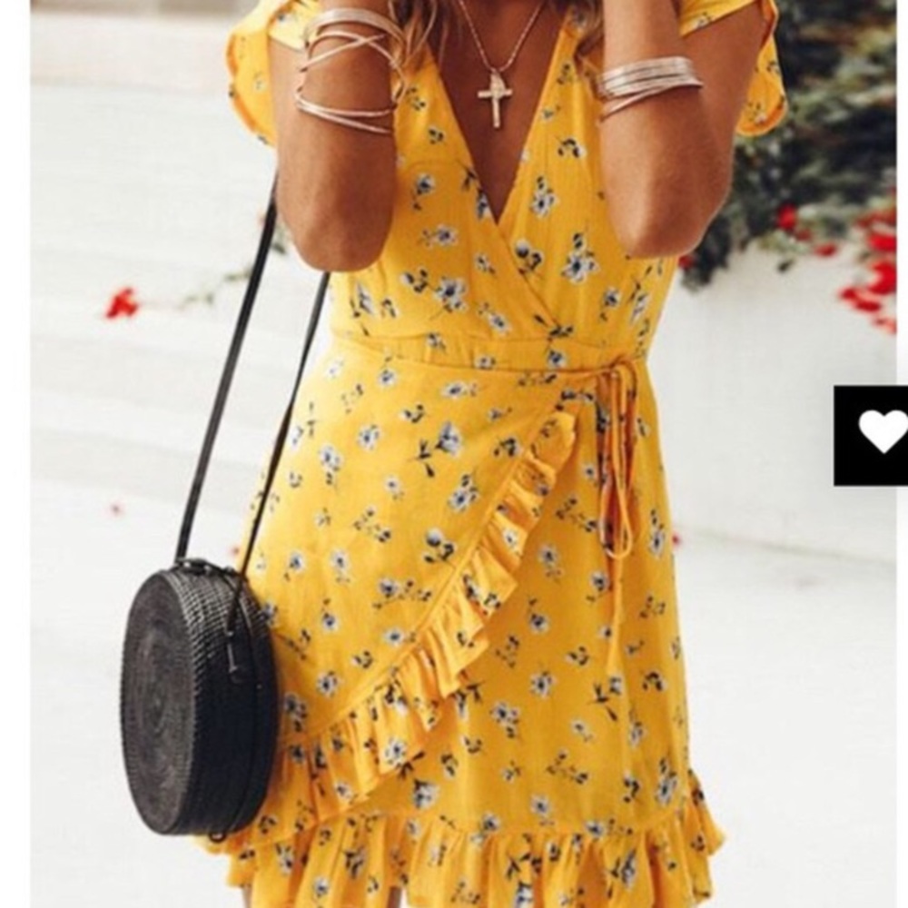 Show Lai Yellow Floral Frill Wrap Summer Dress